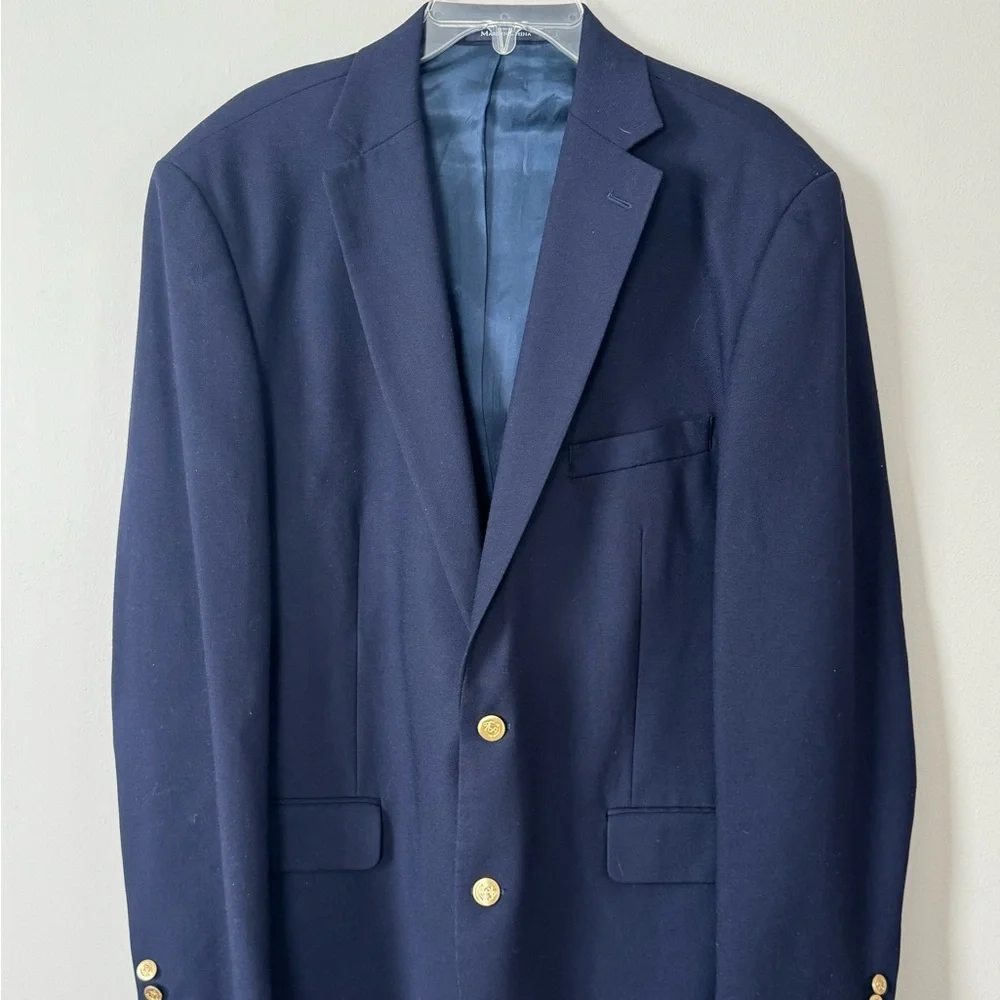 Lands End Blazer 44L Navy Wool Two Gold Button Sport Coat Vintage